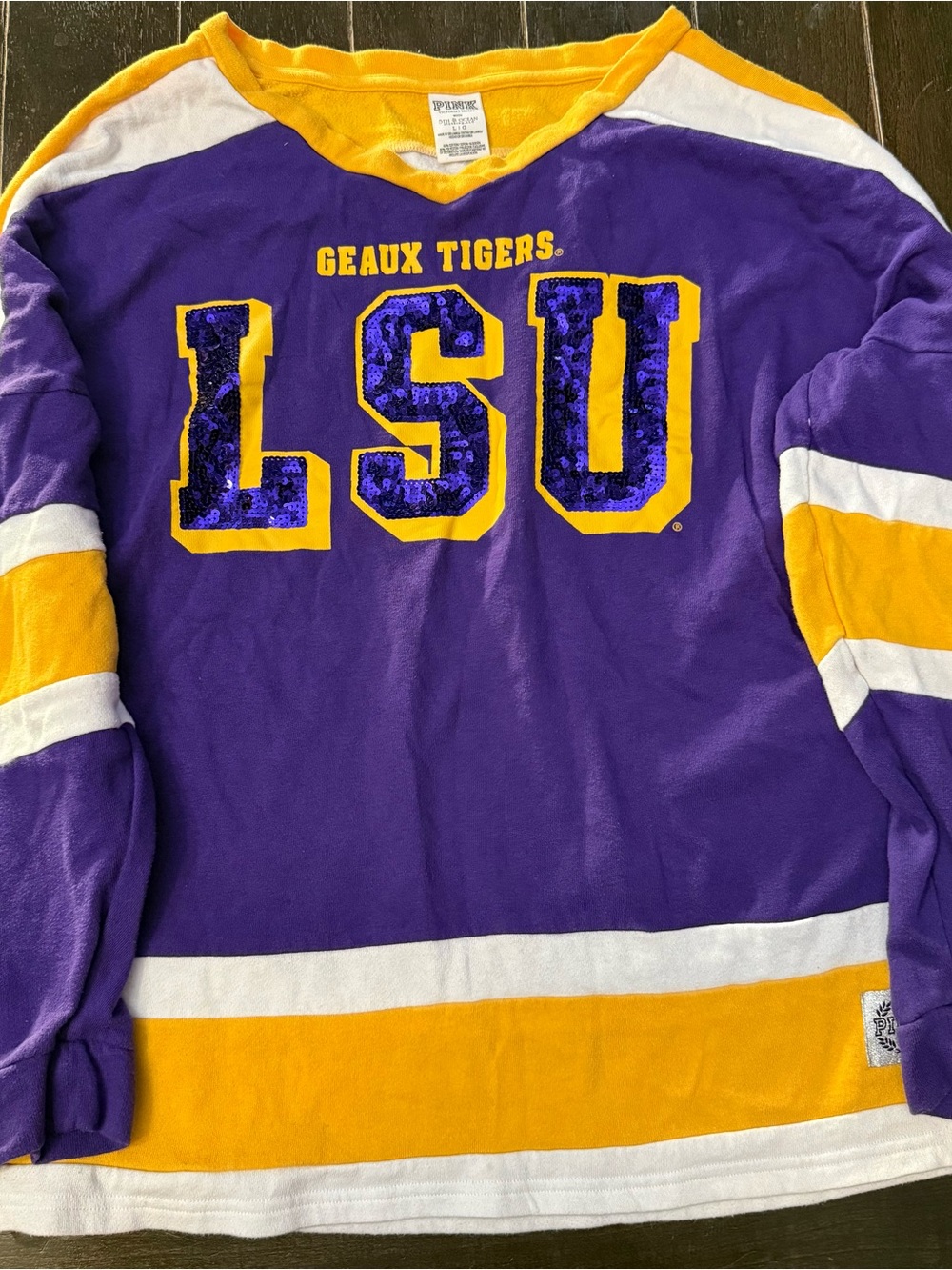 PINK Victoria's Secret x 5th Ocean Purple, Gold & White LSU V-Neck Jersey Shirt - Picture 2 of 6